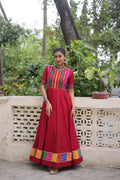 Prazu Fashion Red Roman Silk Multicolor Thread And Mirror Work Navratri Gown | Grocsy