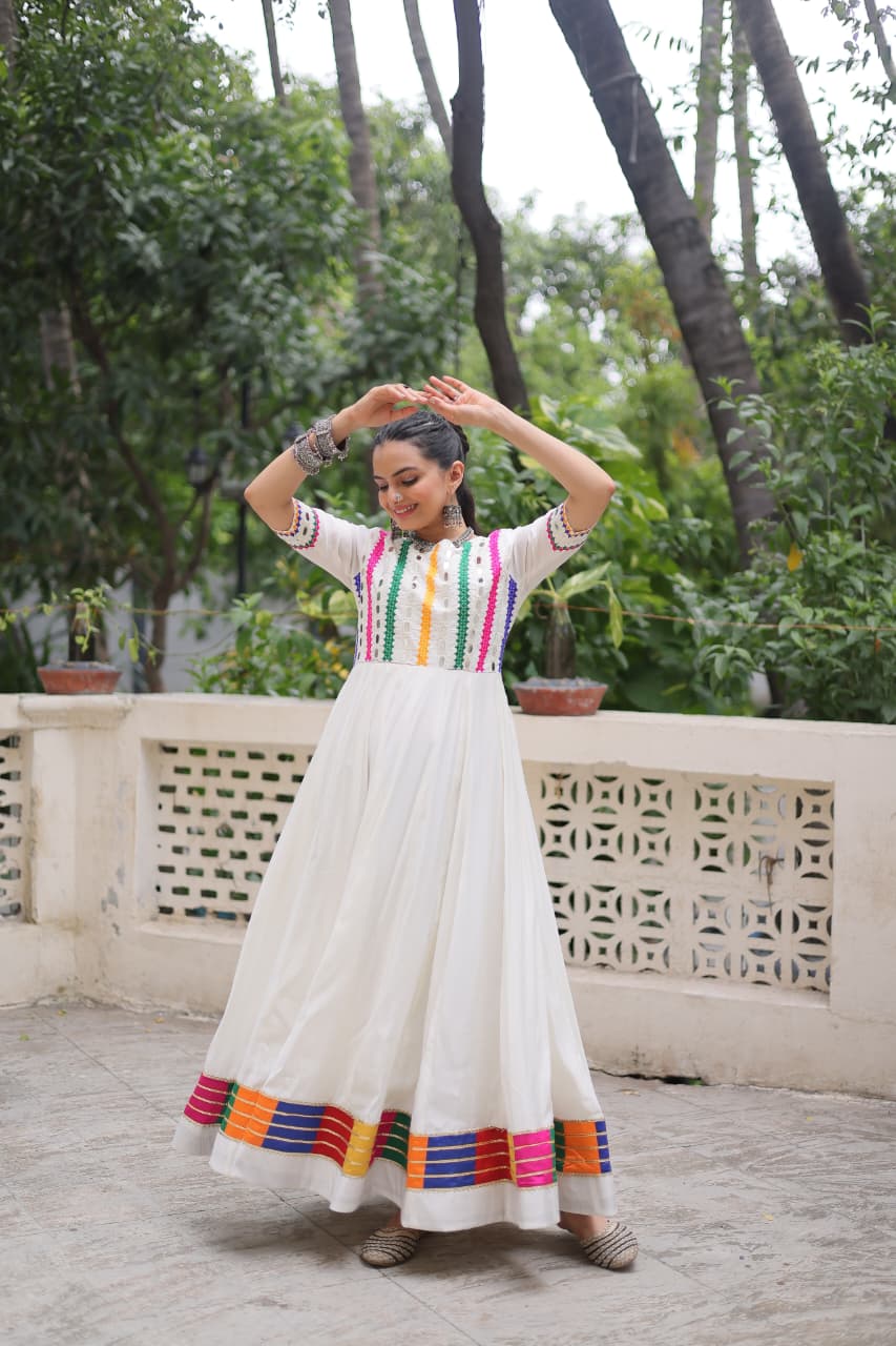 Prazu Fashion White Roman Silk Multicolor Thread And Mirror Work Navratri Gown | Grocsy