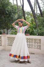Prazu Fashion White Roman Silk Multicolor Thread And Mirror Work Navratri Gown | Grocsy