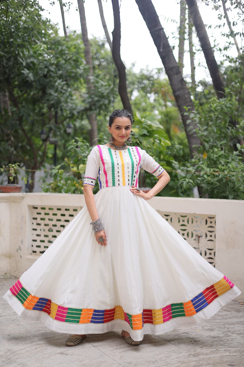 Prazu Fashion White Roman Silk Multicolor Thread And Mirror Work Navratri Gown | Grocsy