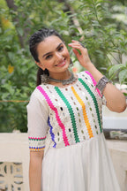 Prazu Fashion White Roman Silk Multicolor Thread And Mirror Work Navratri Gown | Grocsy