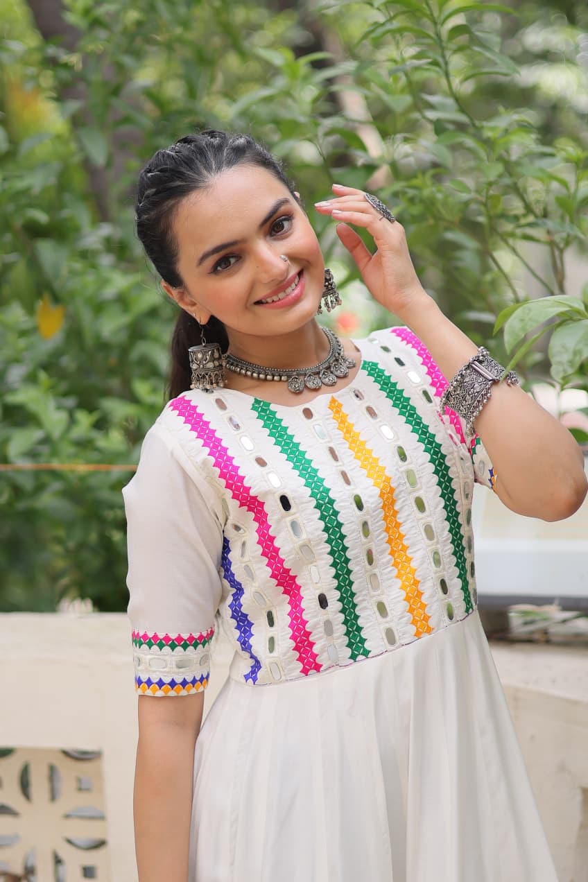 Prazu Fashion White Roman Silk Multicolor Thread And Mirror Work Navratri Gown | Grocsy
