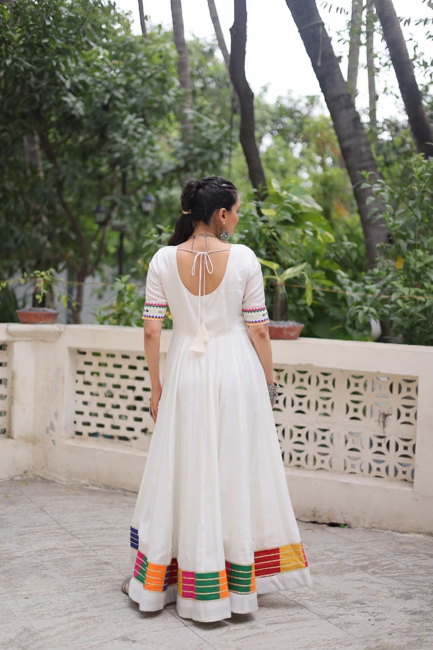 Prazu Fashion White Roman Silk Multicolor Thread And Mirror Work Navratri Gown | Grocsy