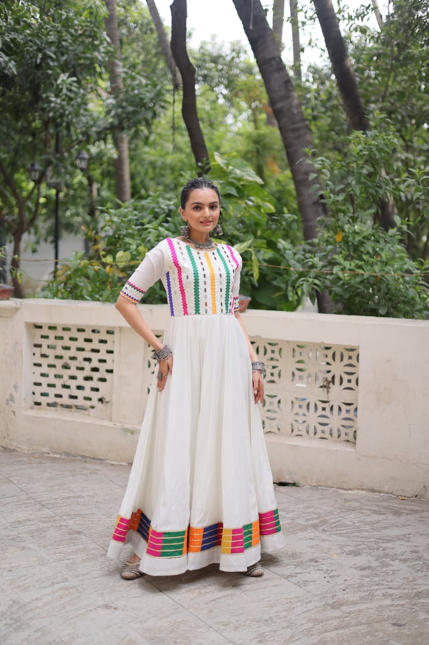 Prazu Fashion White Roman Silk Multicolor Thread And Mirror Work Navratri Gown | Grocsy