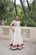 Prazu Fashion White Roman Silk Multicolor Thread And Mirror Work Navratri Gown | Grocsy