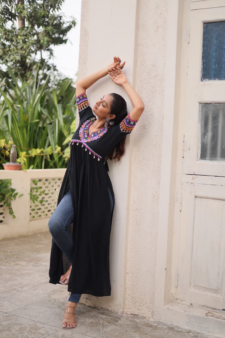 Prazu Fashion Black Rayon With Kutchi Gamthi Work Navratri Kurti | Grocsy