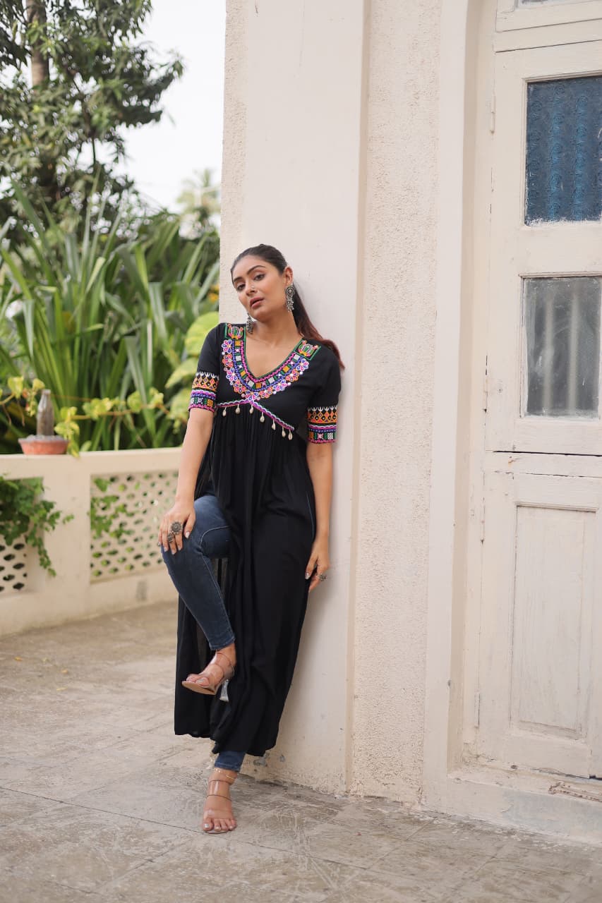 Prazu Fashion Black Rayon With Kutchi Gamthi Work Navratri Kurti | Grocsy
