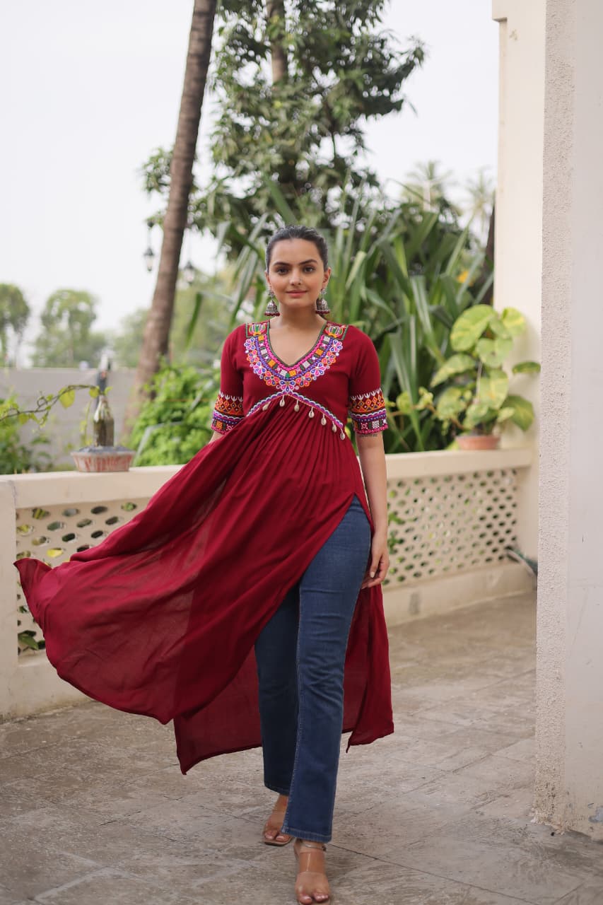 Prazu Fashion Maroon Rayon With Kutchi Gamthi Work Navratri Kurti | Grocsy