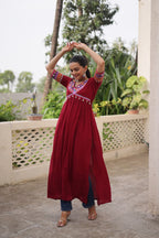 Prazu Fashion Maroon Rayon With Kutchi Gamthi Work Navratri Kurti | Grocsy