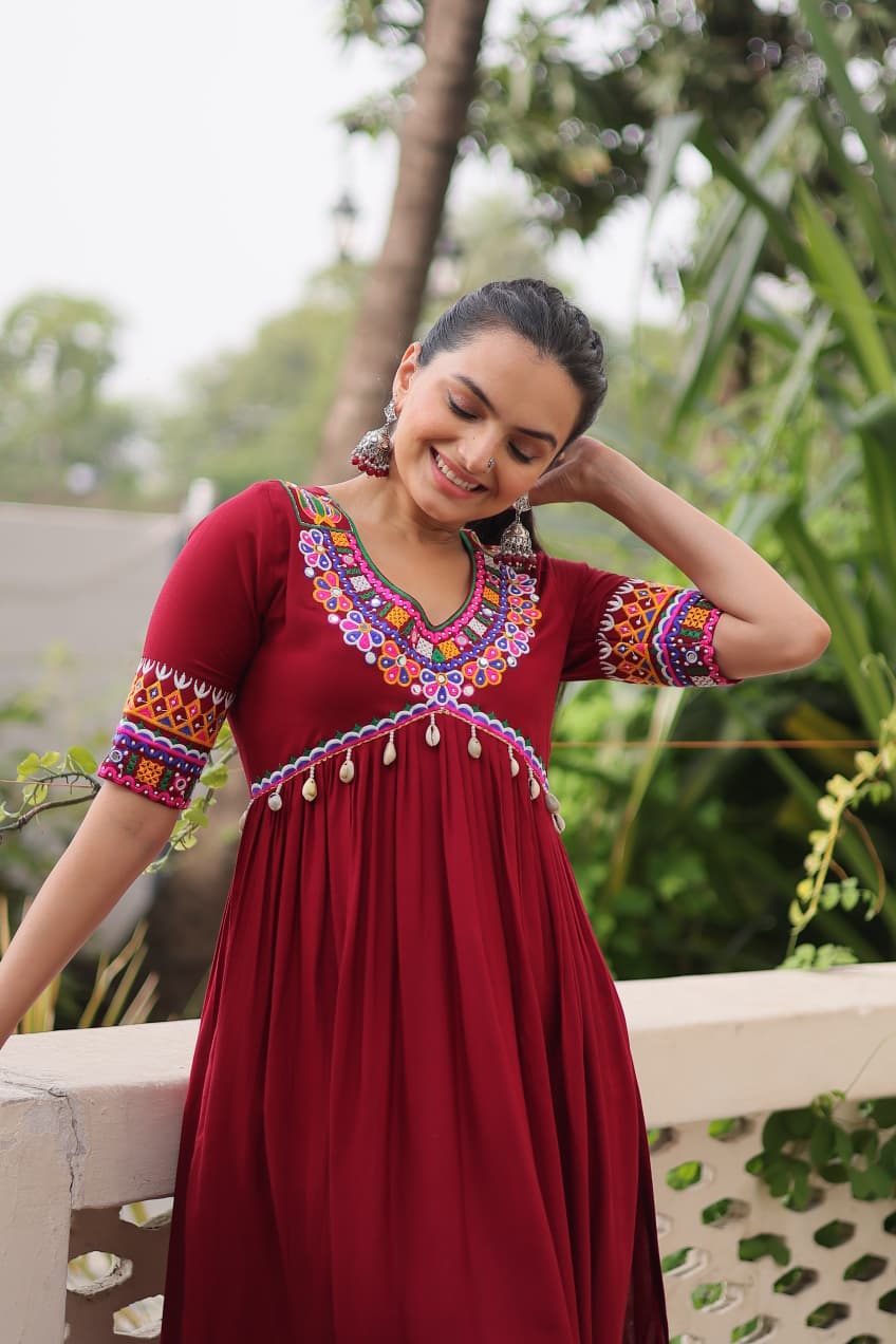 Prazu Fashion Maroon Rayon With Kutchi Gamthi Work Navratri Kurti | Grocsy