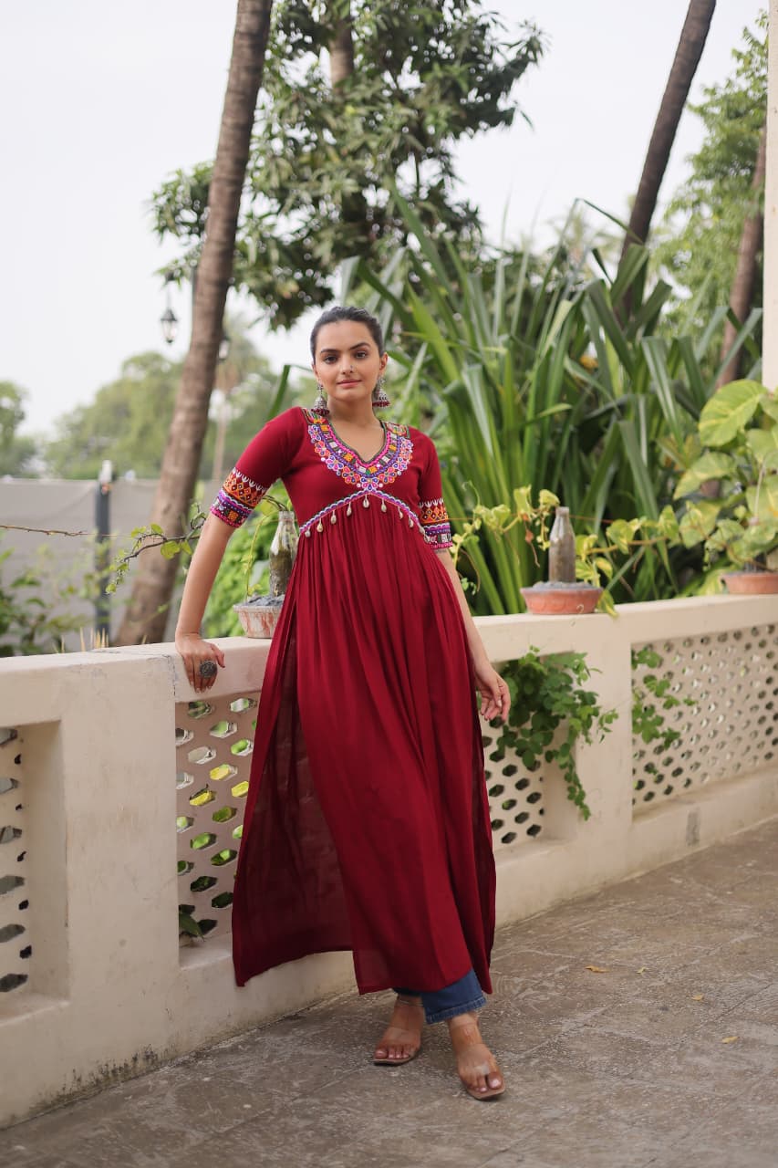 Prazu Fashion Maroon Rayon With Kutchi Gamthi Work Navratri Kurti | Grocsy