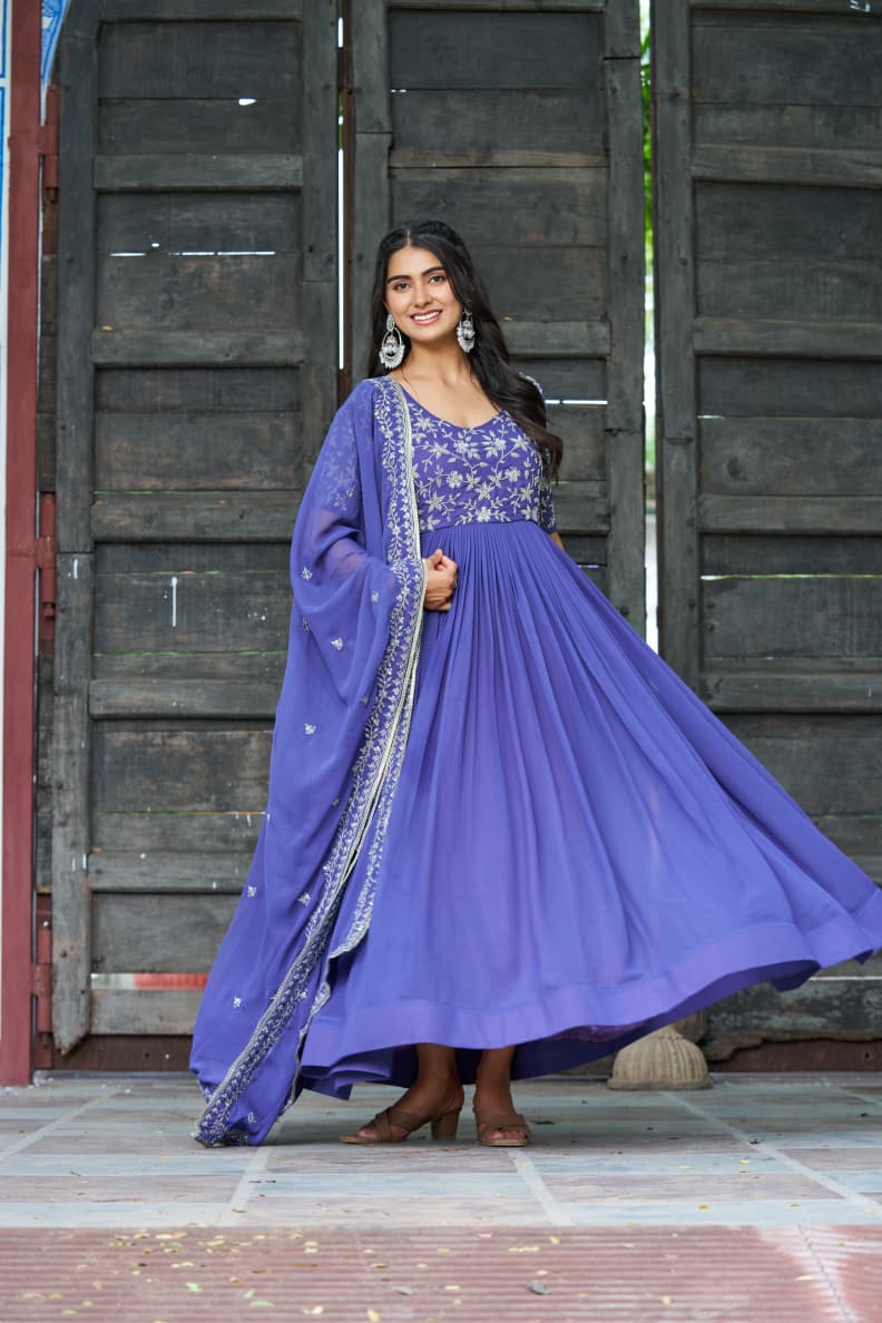 Prazu Fashion Blue Georgette Sequins Multithreaded Beads Embroidered Gown With Dupatta | Grocsy