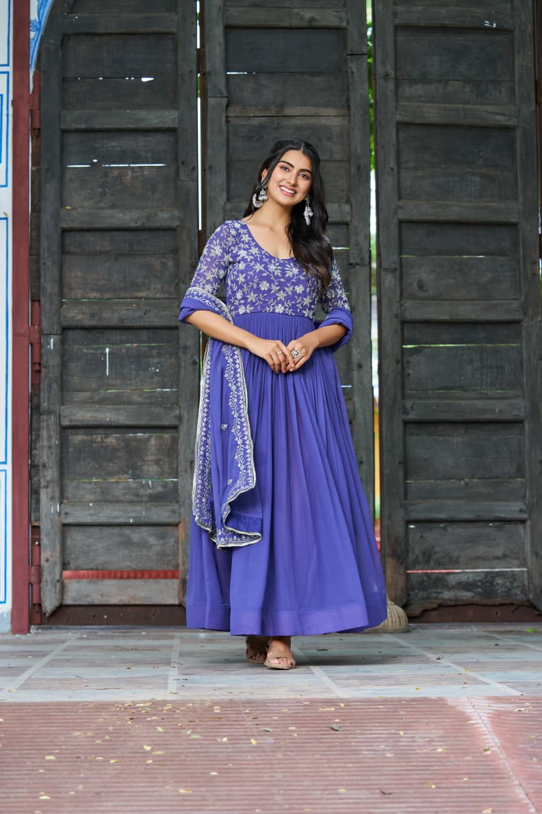 Prazu Fashion Blue Georgette Sequins Multithreaded Beads Embroidered Gown With Dupatta | Grocsy