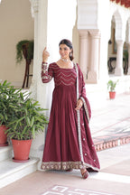 Prazu Fashion Brown Vichitra Silk Rich Sequins Embroidered Work Gown With Dupatta | Grocsy