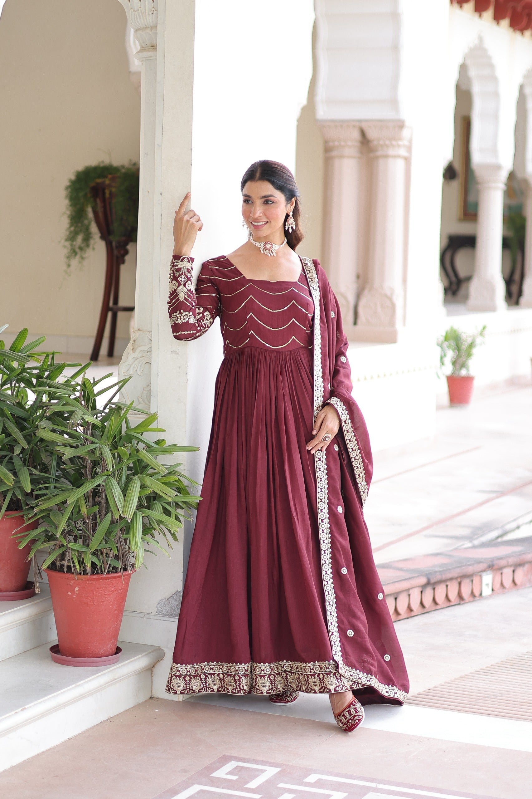 Prazu Fashion Brown Vichitra Silk Rich Sequins Embroidered Work Gown With Dupatta | Grocsy