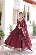 Prazu Fashion Brown Vichitra Silk Rich Sequins Embroidered Work Gown With Dupatta | Grocsy
