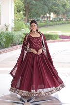 Prazu Fashion Brown Vichitra Silk Rich Sequins Embroidered Work Gown With Dupatta | Grocsy