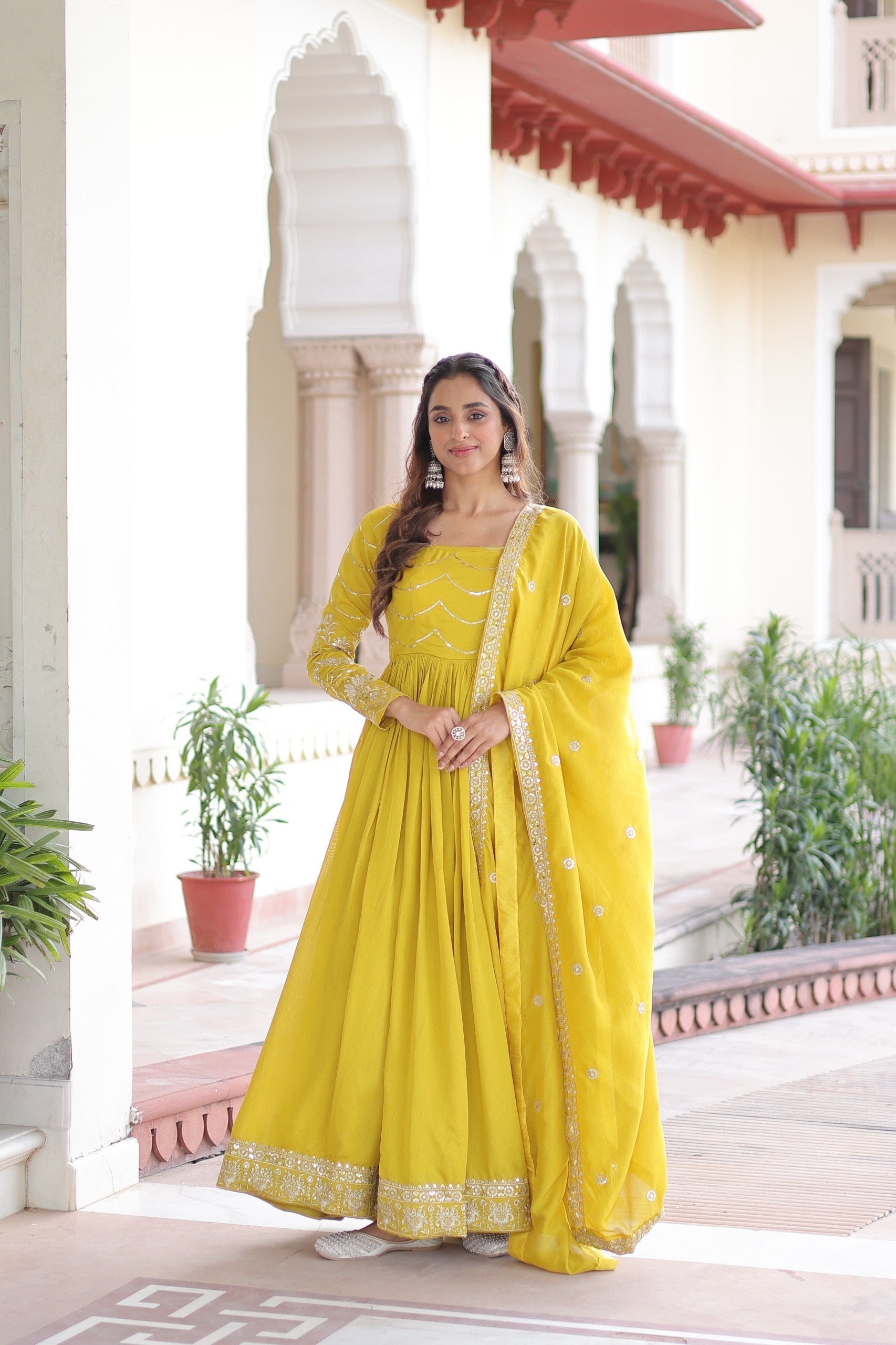 Prazu Fashion Yellow Vichitra Silk Rich Sequins Embroidered Work Gown With Dupatta | Grocsy