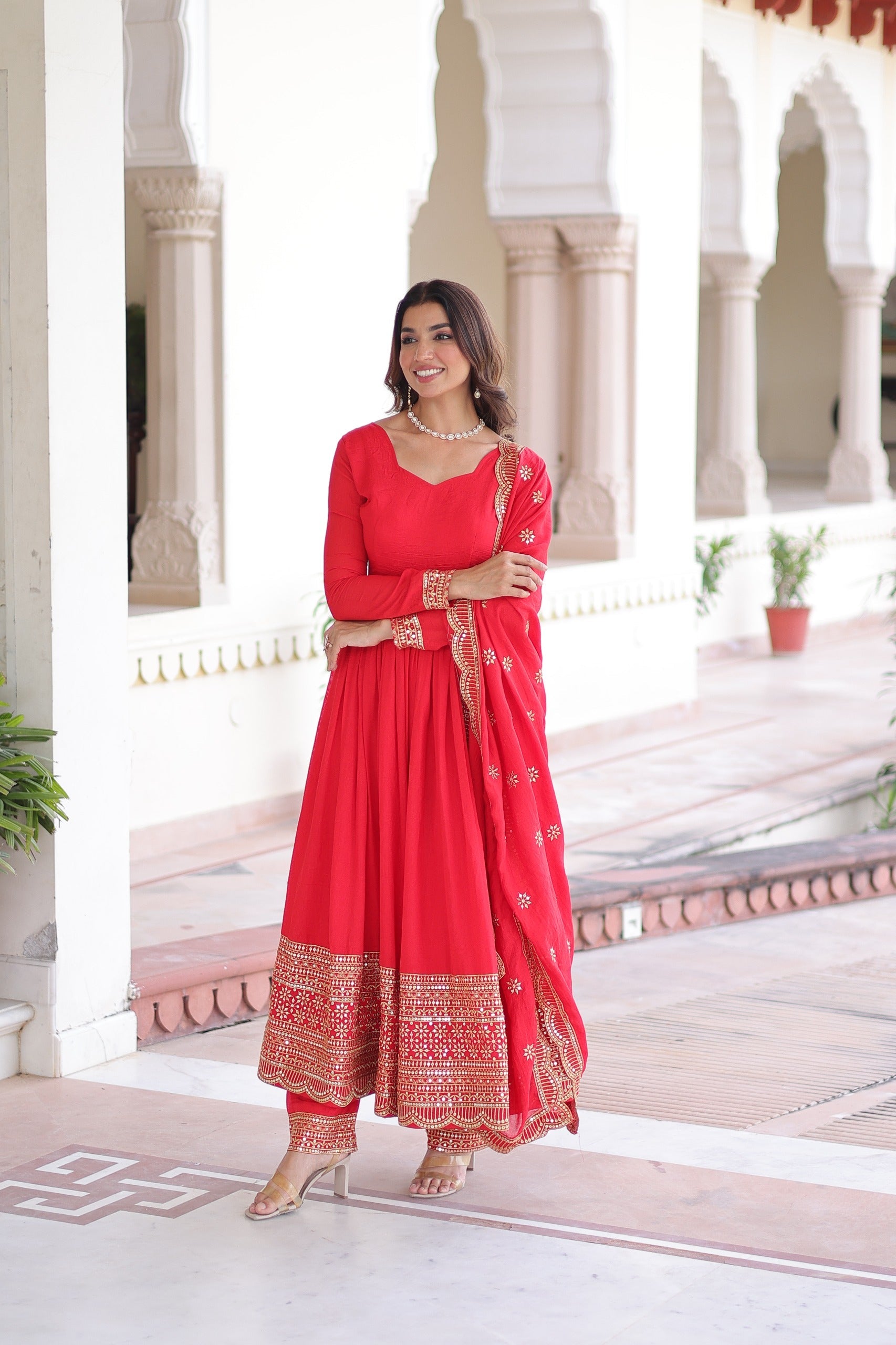 Prazu Fashion Red Vichitra Silk With Rich Sequins Embroidered Work Anarkali Suit | Grocsy