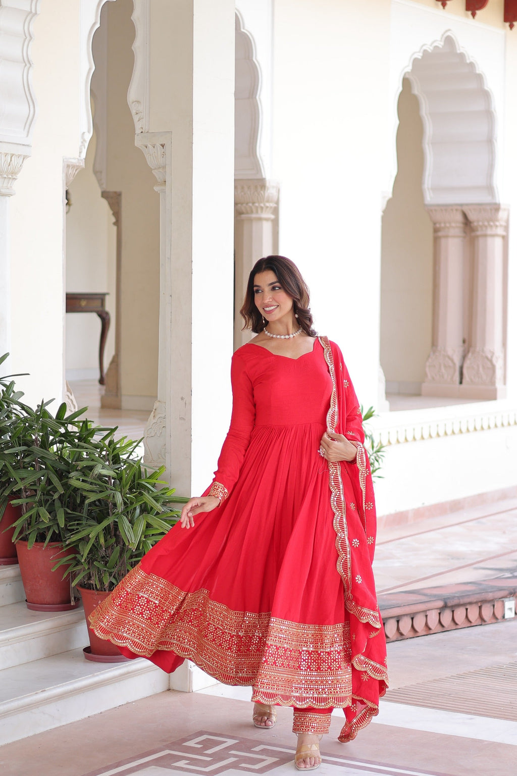 Prazu Fashion Red Vichitra Silk With Rich Sequins Embroidered Work Anarkali Suit | Grocsy
