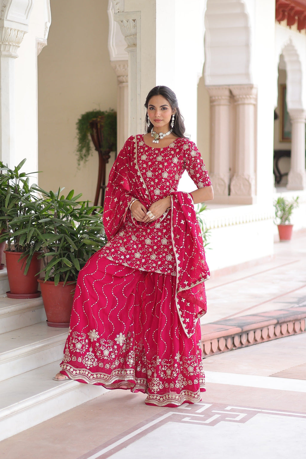 Prazu Fashion Pink Georgette With Rich Sequins Embroidered Work Sharara Suit | Grocsy