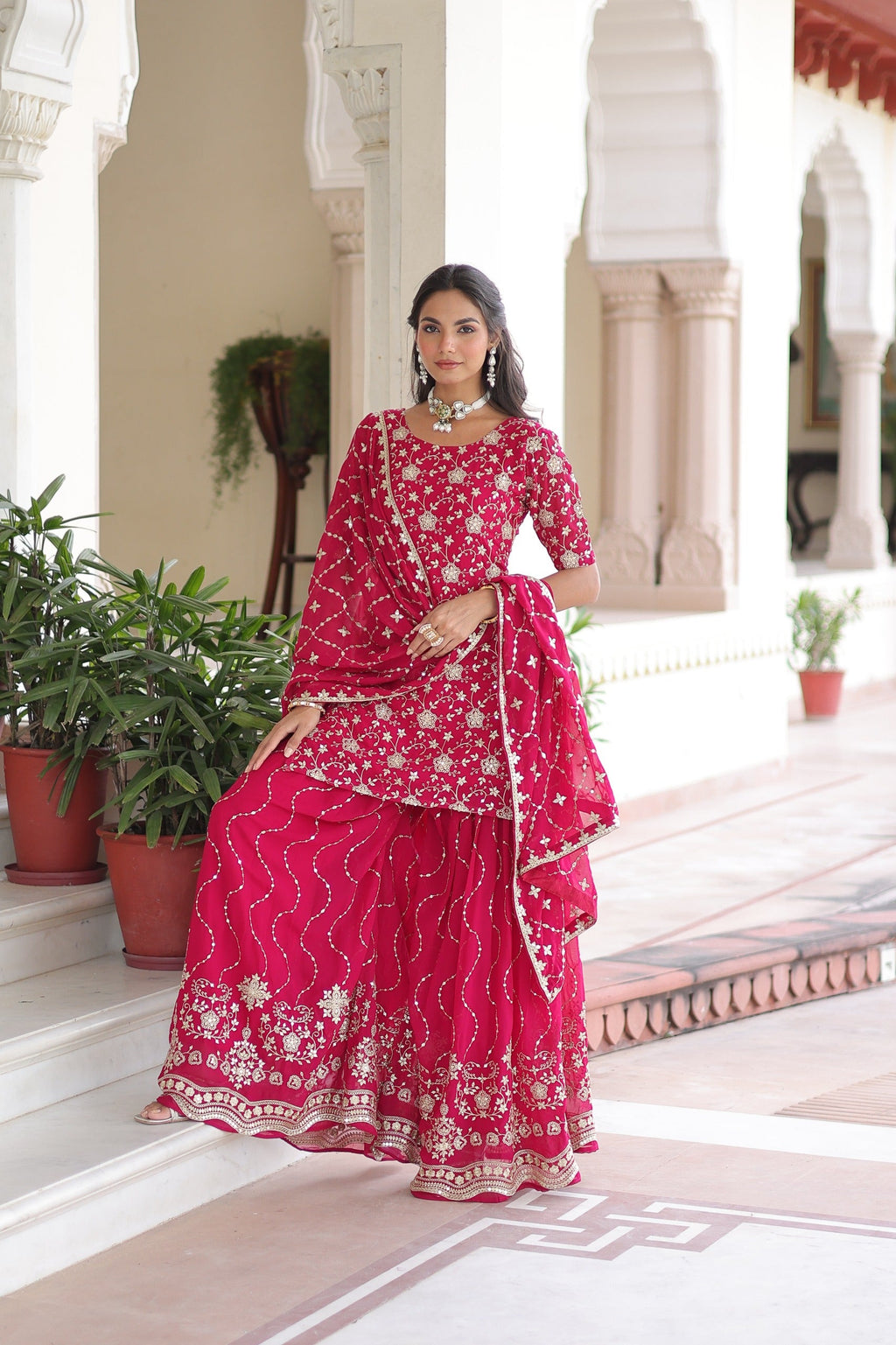 Prazu Fashion Pink Georgette With Rich Sequins Embroidered Work Sharara Suit | Grocsy
