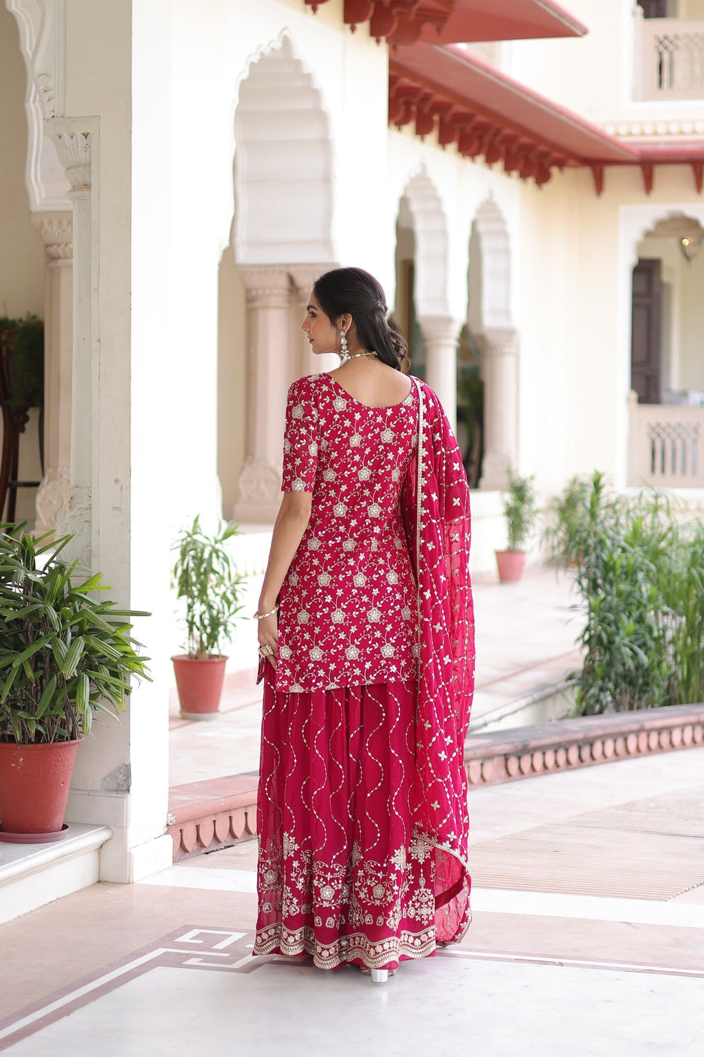 Prazu Fashion Pink Georgette With Rich Sequins Embroidered Work Sharara Suit | Grocsy