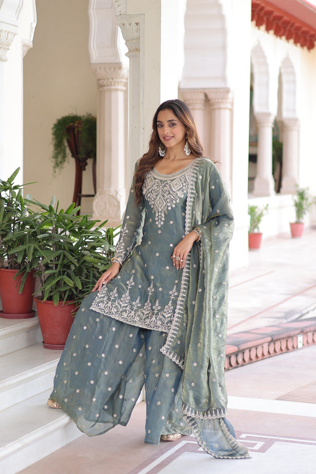 Prazu Fashion Light Grey Fendi Silk Coding Sequins Embroidered Work Sharara Suit | Grocsy