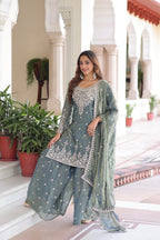 Prazu Fashion Light Grey Fendi Silk Coding Sequins Embroidered Work Sharara Suit | Grocsy