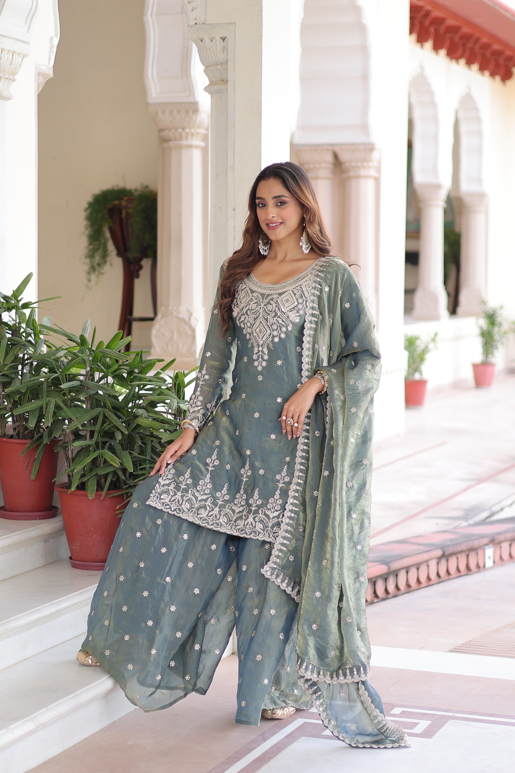 Prazu Fashion Light Grey Fendi Silk Coding Sequins Embroidered Work Sharara Suit | Grocsy