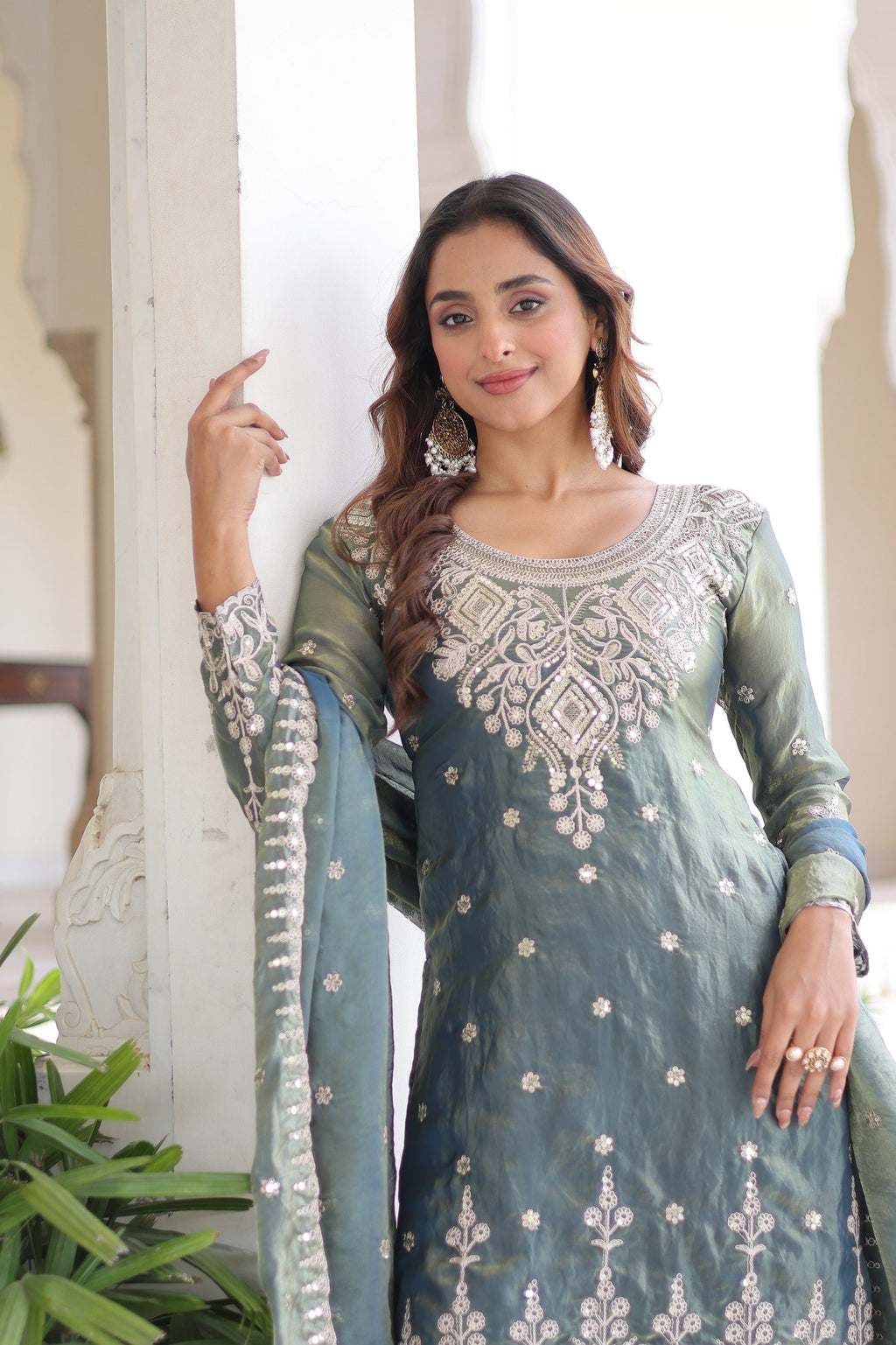 Prazu Fashion Light Grey Fendi Silk Coding Sequins Embroidered Work Sharara Suit | Grocsy