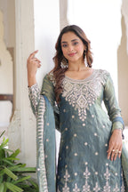 Prazu Fashion Light Grey Fendi Silk Coding Sequins Embroidered Work Sharara Suit | Grocsy