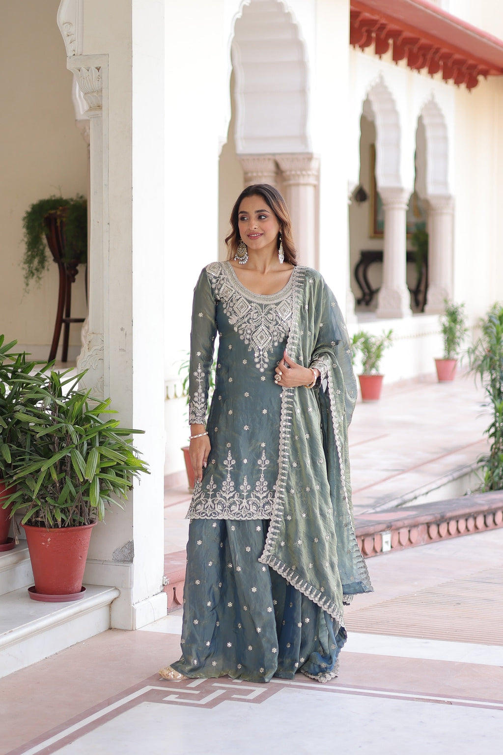 Prazu Fashion Light Grey Fendi Silk Coding Sequins Embroidered Work Sharara Suit | Grocsy