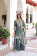 Prazu Fashion Light Grey Fendi Silk Coding Sequins Embroidered Work Sharara Suit | Grocsy