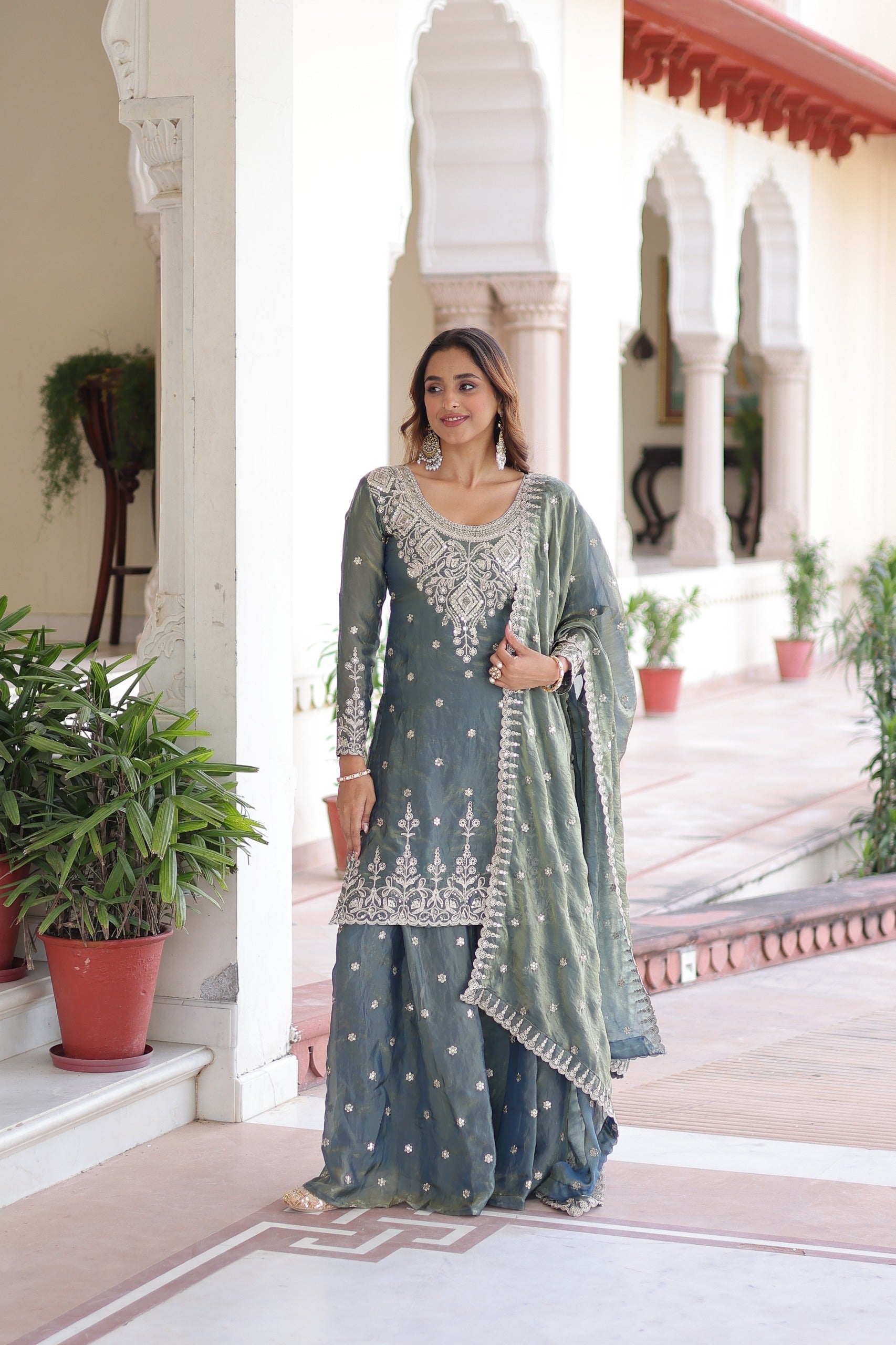 Prazu Fashion Light Grey Fendi Silk Coding Sequins Embroidered Work Sharara Suit | Grocsy