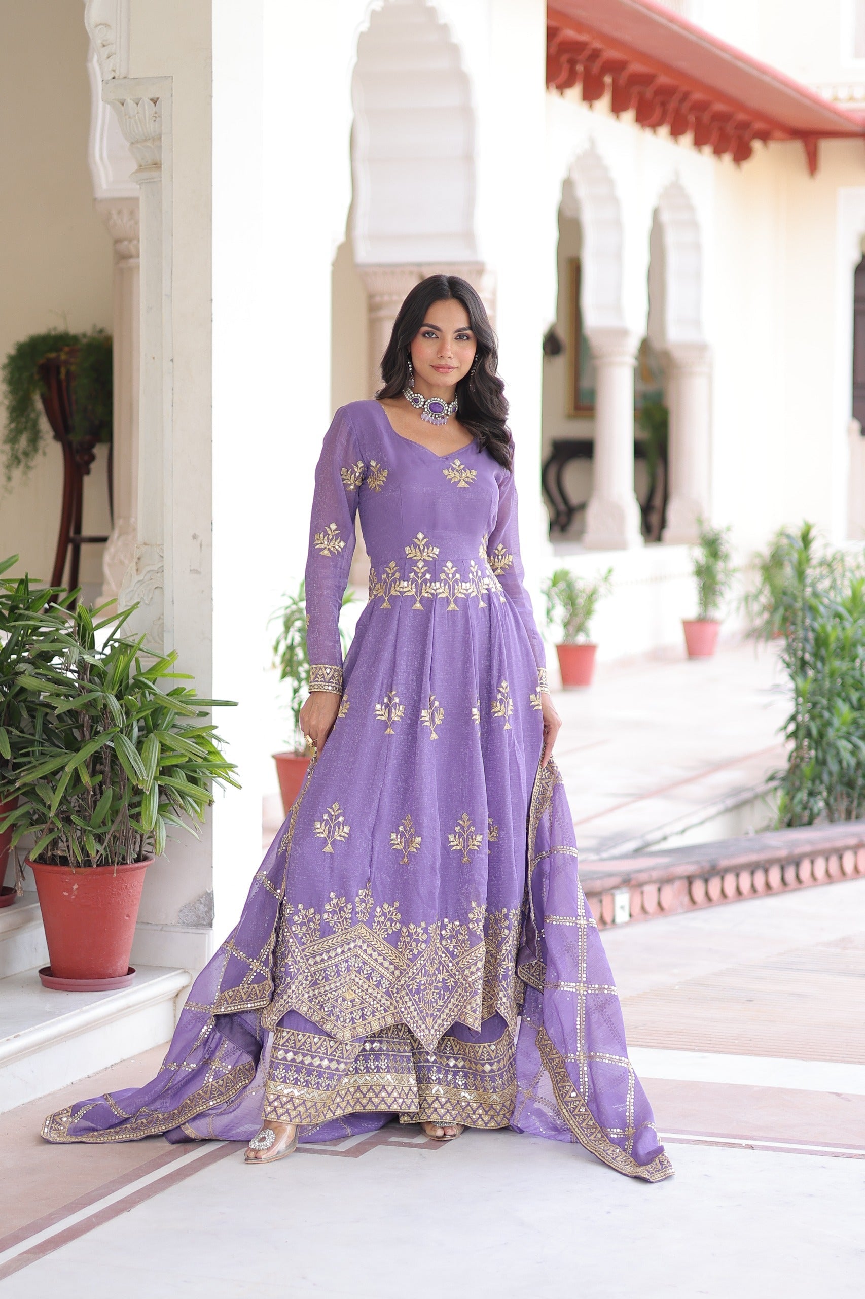 Prazu Fashion Lavender Silver Crunchy Rich Sequins Embroidered Palazzo Suit | Grocsy