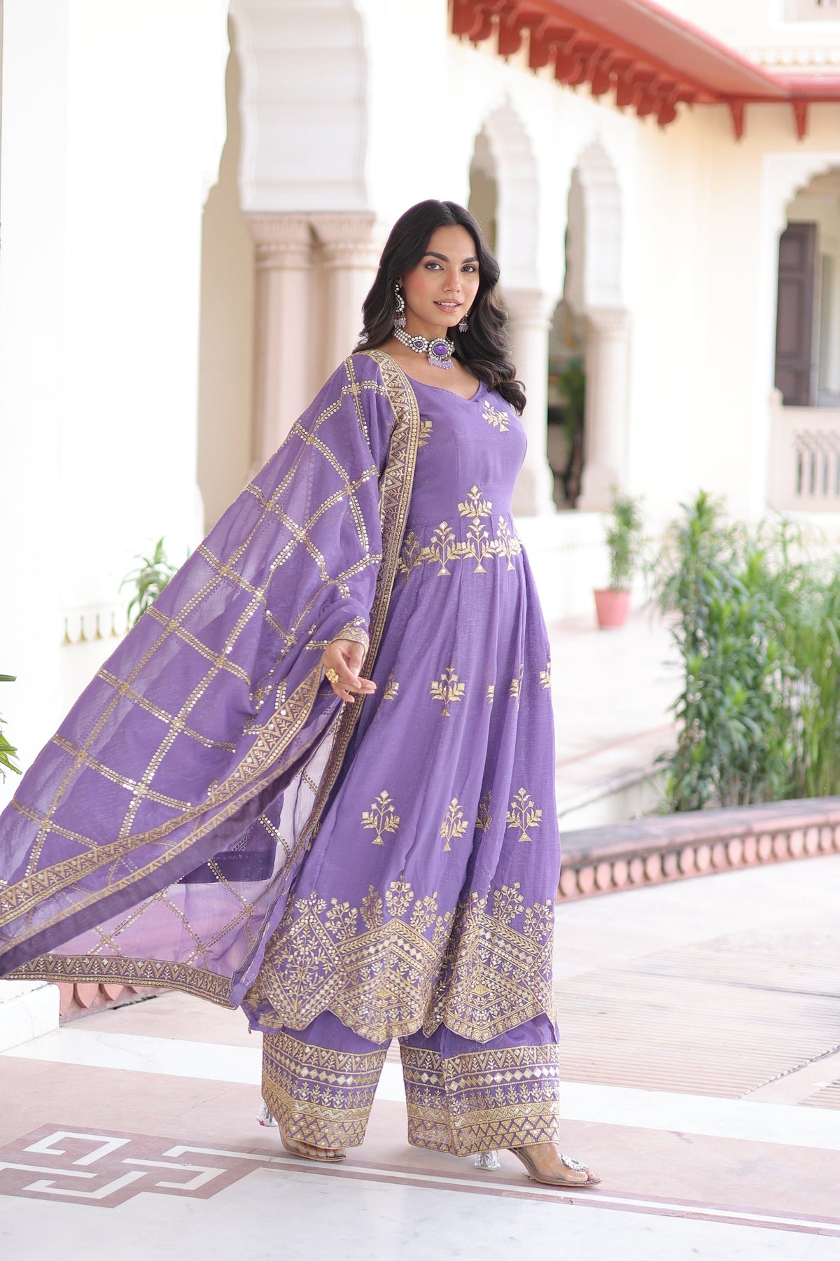 Prazu Fashion Lavender Silver Crunchy Rich Sequins Embroidered Palazzo Suit | Grocsy