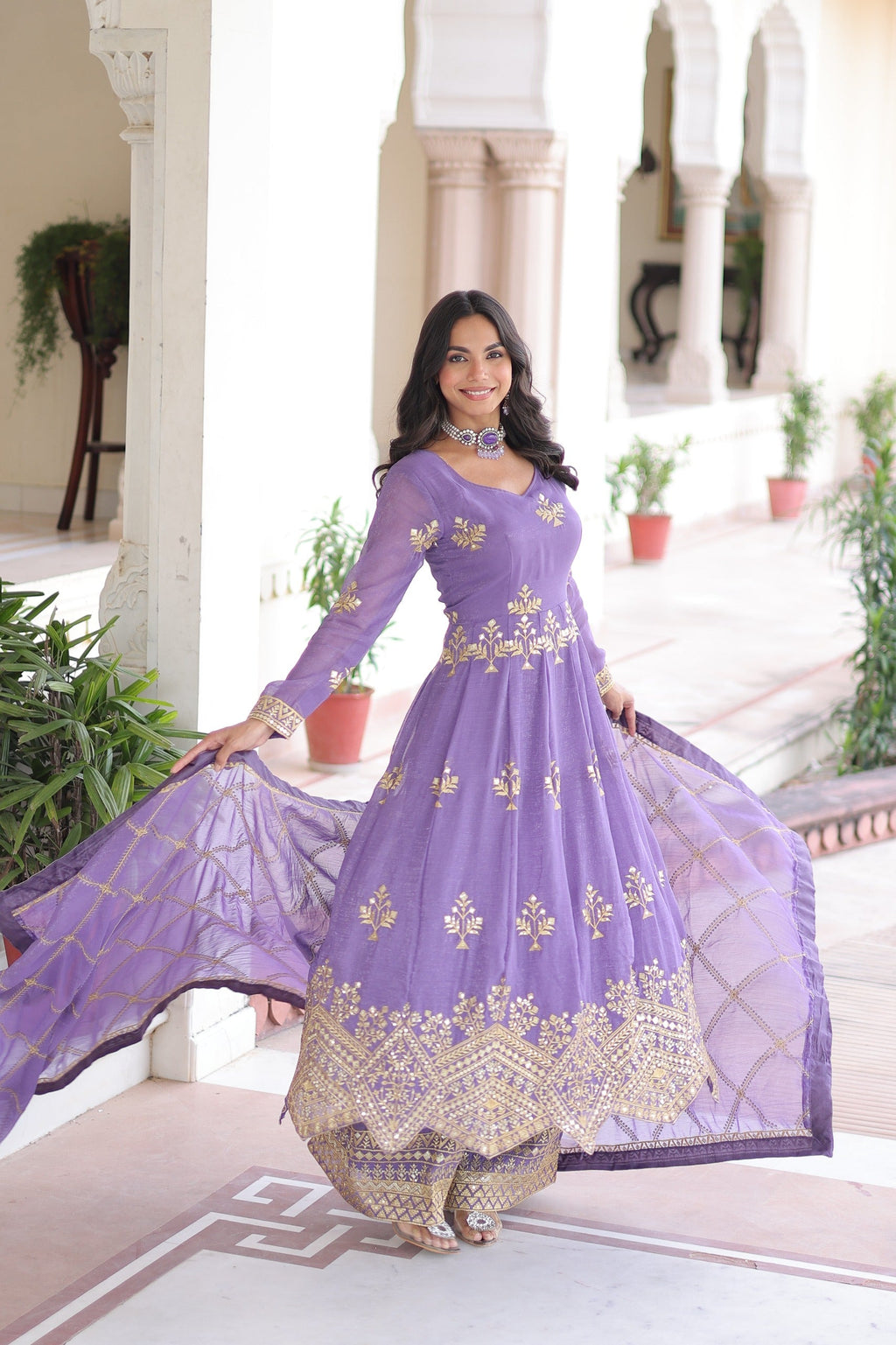 Prazu Fashion Lavender Silver Crunchy Rich Sequins Embroidered Palazzo Suit | Grocsy