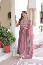 Prazu Fashion Onion Pink Georgette Sequins Multithreaded Beads Gown With Dupatta | Grocsy