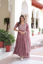 Prazu Fashion Onion Pink Georgette Sequins Multithreaded Beads Gown With Dupatta | Grocsy