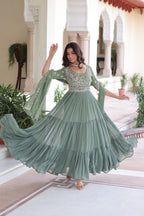 Prazu Fashion Sea Green Georgette Sequins Multithreaded Beads Gown With Dupatta | Grocsy