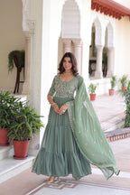 Prazu Fashion Sea Green Georgette Sequins Multithreaded Beads Gown With Dupatta | Grocsy