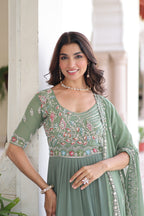 Prazu Fashion Sea Green Georgette Sequins Multithreaded Beads Gown With Dupatta | Grocsy