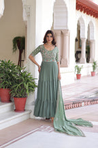 Prazu Fashion Sea Green Georgette Sequins Multithreaded Beads Gown With Dupatta | Grocsy