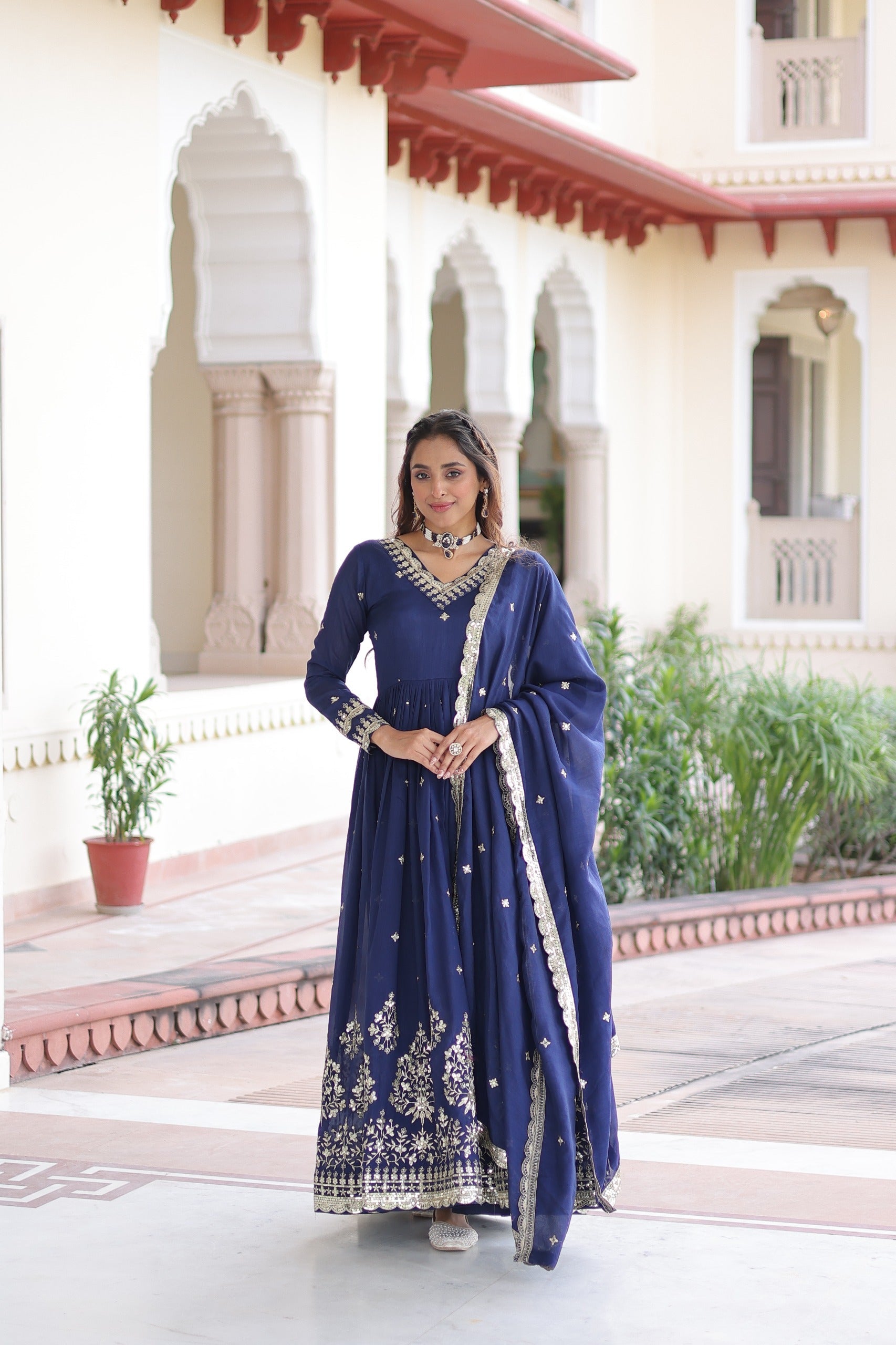 Prazu Fashion Blue Vichitra Silk Rich Sequins Embroidered Work Gown With Dupatta | Grocsy
