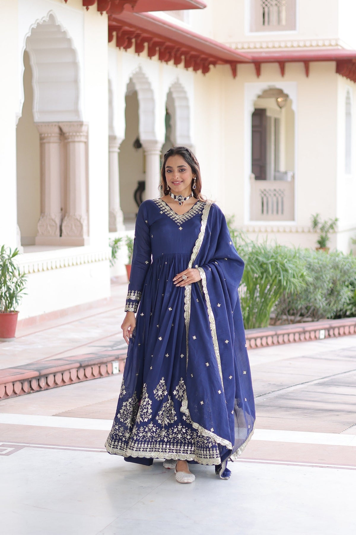 Prazu Fashion Blue Vichitra Silk Rich Sequins Embroidered Work Gown With Dupatta | Grocsy