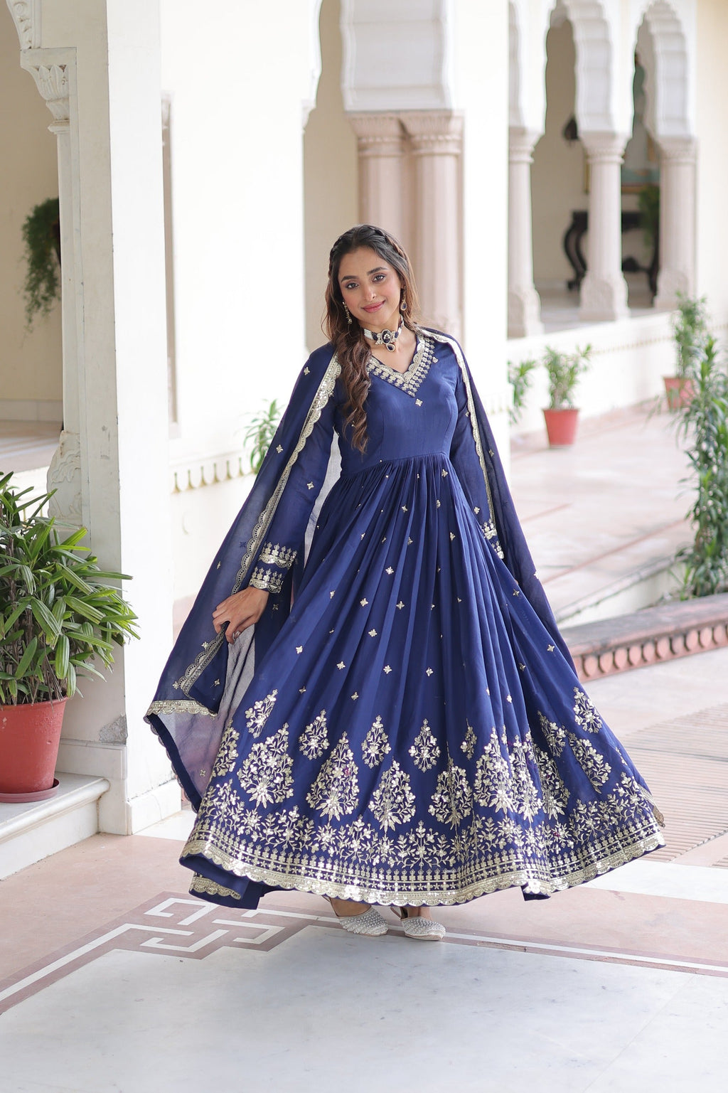 Prazu Fashion Blue Vichitra Silk Rich Sequins Embroidered Work Gown With Dupatta | Grocsy