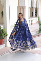 Prazu Fashion Blue Vichitra Silk Rich Sequins Embroidered Work Gown With Dupatta | Grocsy