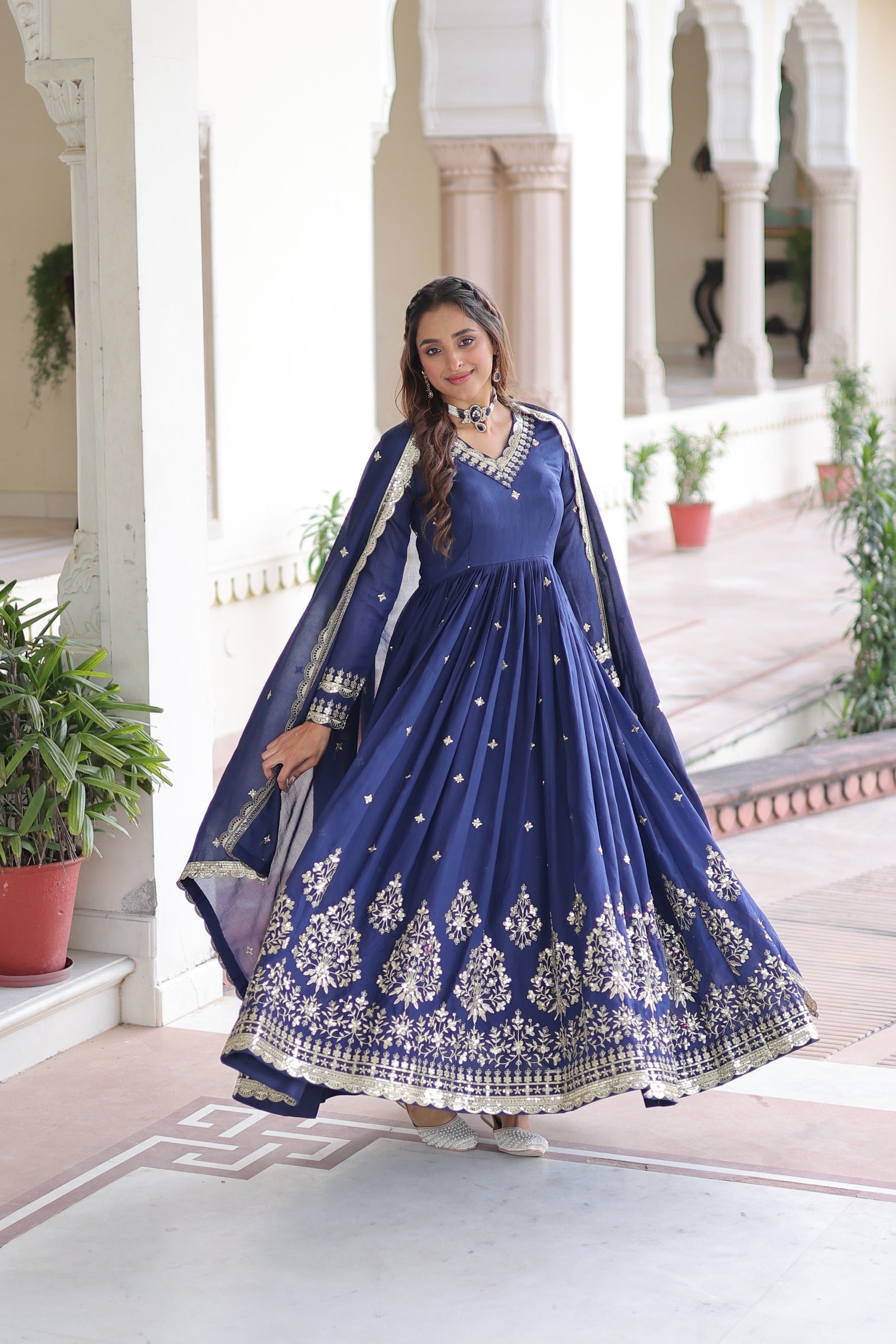 Prazu Fashion Blue Vichitra Silk Rich Sequins Embroidered Work Gown With Dupatta | Grocsy