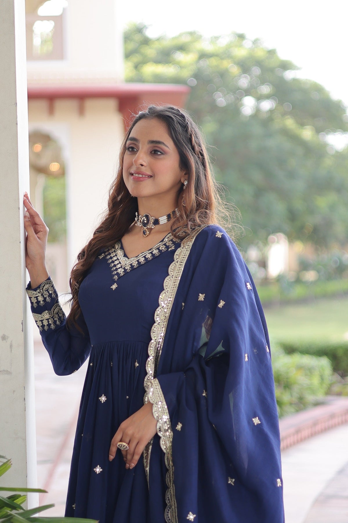 Prazu Fashion Blue Vichitra Silk Rich Sequins Embroidered Work Gown With Dupatta | Grocsy